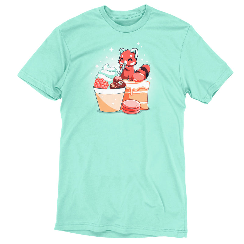 A mint green Dessert First t-shirt with a red fox and cupcakes from TeeTurtle.