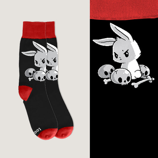 A black and red Do I Look Like a People Person? sock with an image of a bunny and skulls, offering friends comfort, courtesy of TeeTurtle.