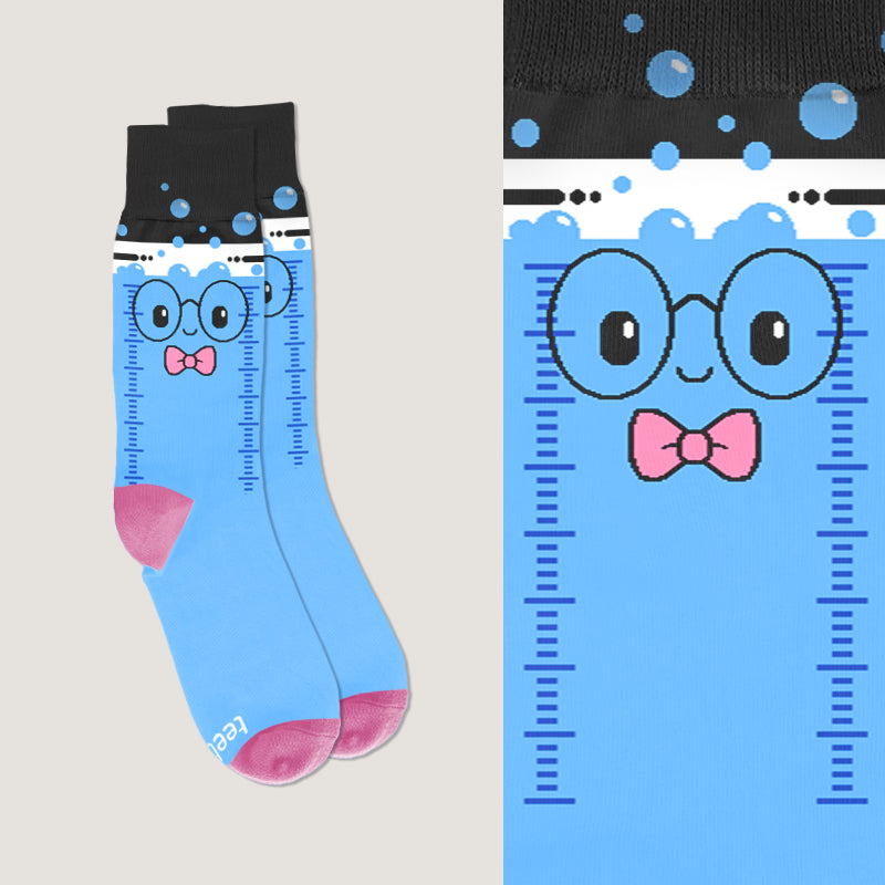 Comfortable Doctor Beaker socks by TeeTurtle featuring a cartoon character with chilly toes wearing glasses and a bowtie.