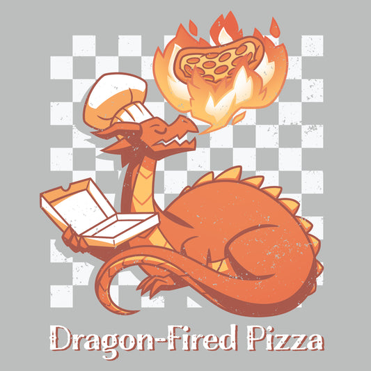 Illustration of a dragon wearing a chef's hat, breathing extra hot fire onto a pizza while holding an open pizza box. Text at the bottom reads 