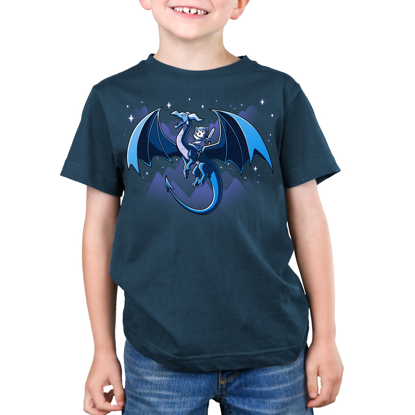 A young boy wearing a TeeTurtle Dragon Rider t-shirt in denim blue.