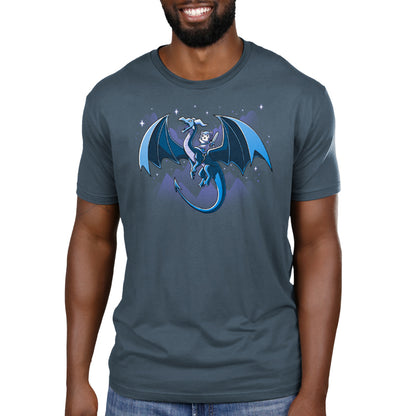 A man wearing a blue Dragon Rider t-shirt with a dragon on it by TeeTurtle.