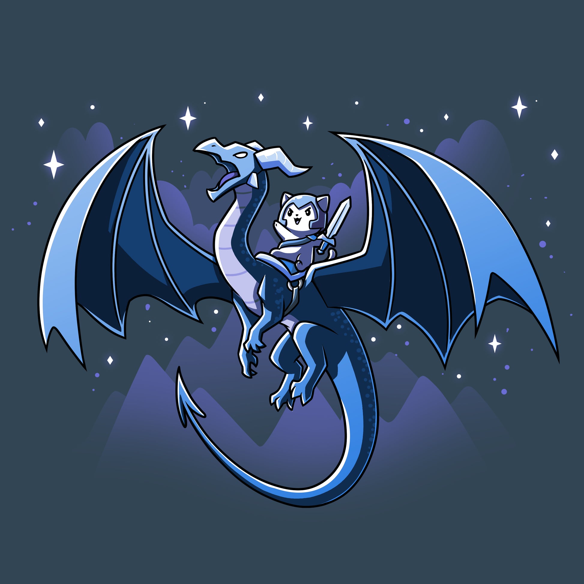 A TeeTurtle Dragon Rider womens t-shirt featuring a cartoon dragon rider in the sky.