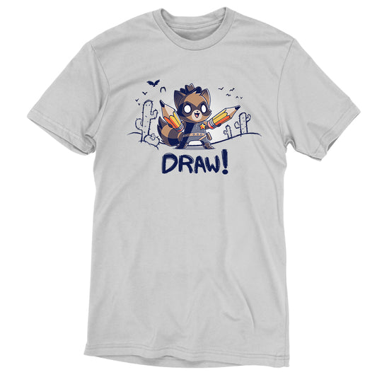 Premium Cotton T-shirt_Teeturtle Draw! silver gray t-shirt featuring a cowboy-attired raccoon in a sketched desert complete with vultures and cacti holding a pair of pencils with 'Draw!' written underneath.