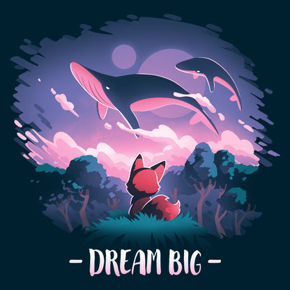 An illustration of a fox and dolphin on a navy blue unisex Dream Big tee, encouraging to dream big by TeeTurtle.