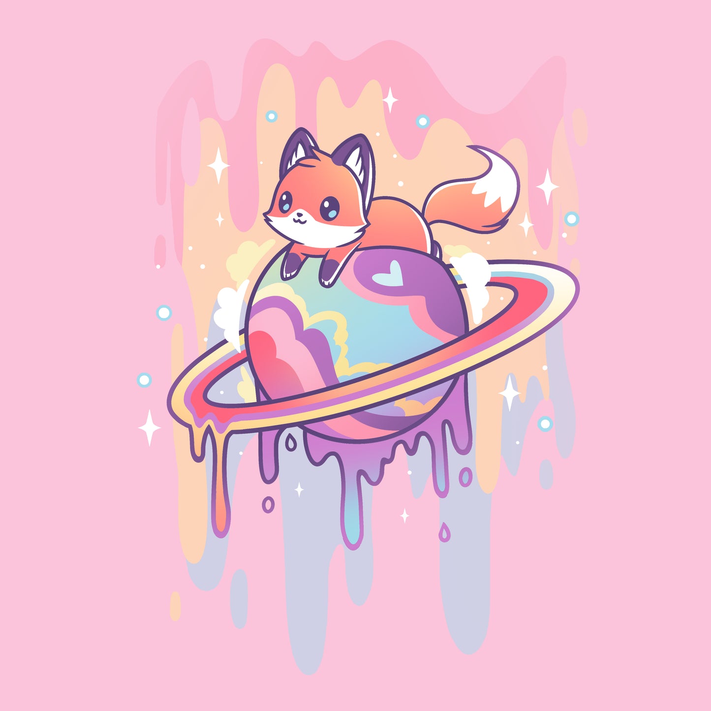 A cartoon fox sitting on top of a pastel planet, the Drippy Dreamworld by TeeTurtle.