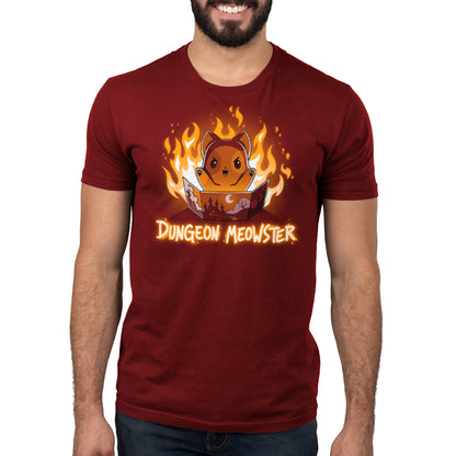 A man wearing a garnet red t-shirt that says TeeTurtle's Dungeon Meowster.