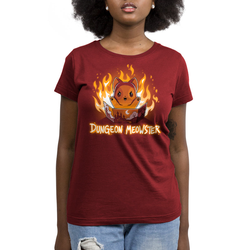 Women's short sleeve Dungeon Meowster t-shirt in garnet red, featuring a fierce dragon warrior design by TeeTurtle.