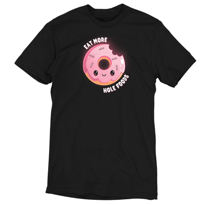Premium Cotton T-shirt_TeeTurtle black Eat More Hole Foods apparel featuring a smiling pink sprinkle donut with a bite taken out of it. Caption reads, "eat more hole foods".