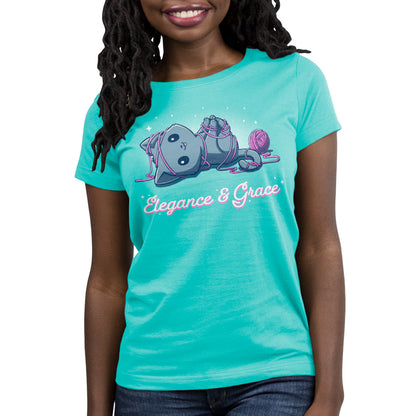 A woman wearing a TeeTurtle Caribbean blue Elegance and Grace t-shirt that says Egypt and Greece with an elegant demeanor.