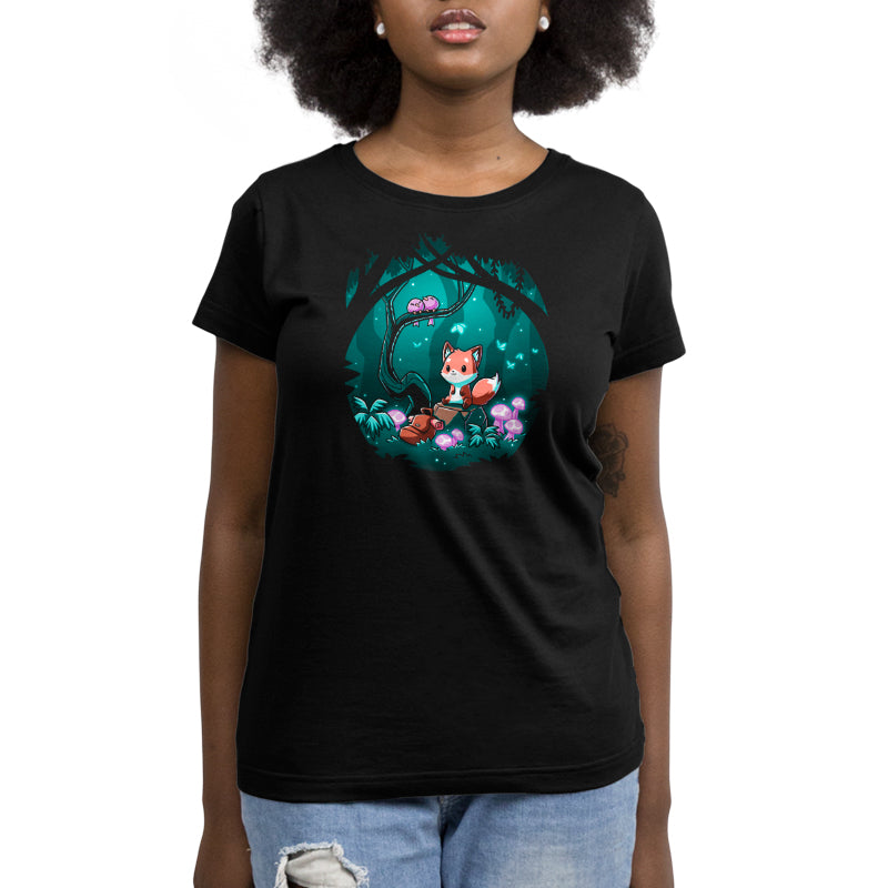 A women's black t-shirt with an image of a fox in the TeeTurtle Enchanted Forest.