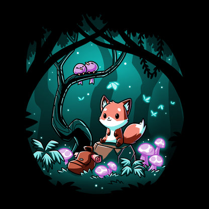 An illustration of a fox in the Enchanted Forest with poisonous glowing mushrooms, perfect for a TeeTurtle t-shirt.