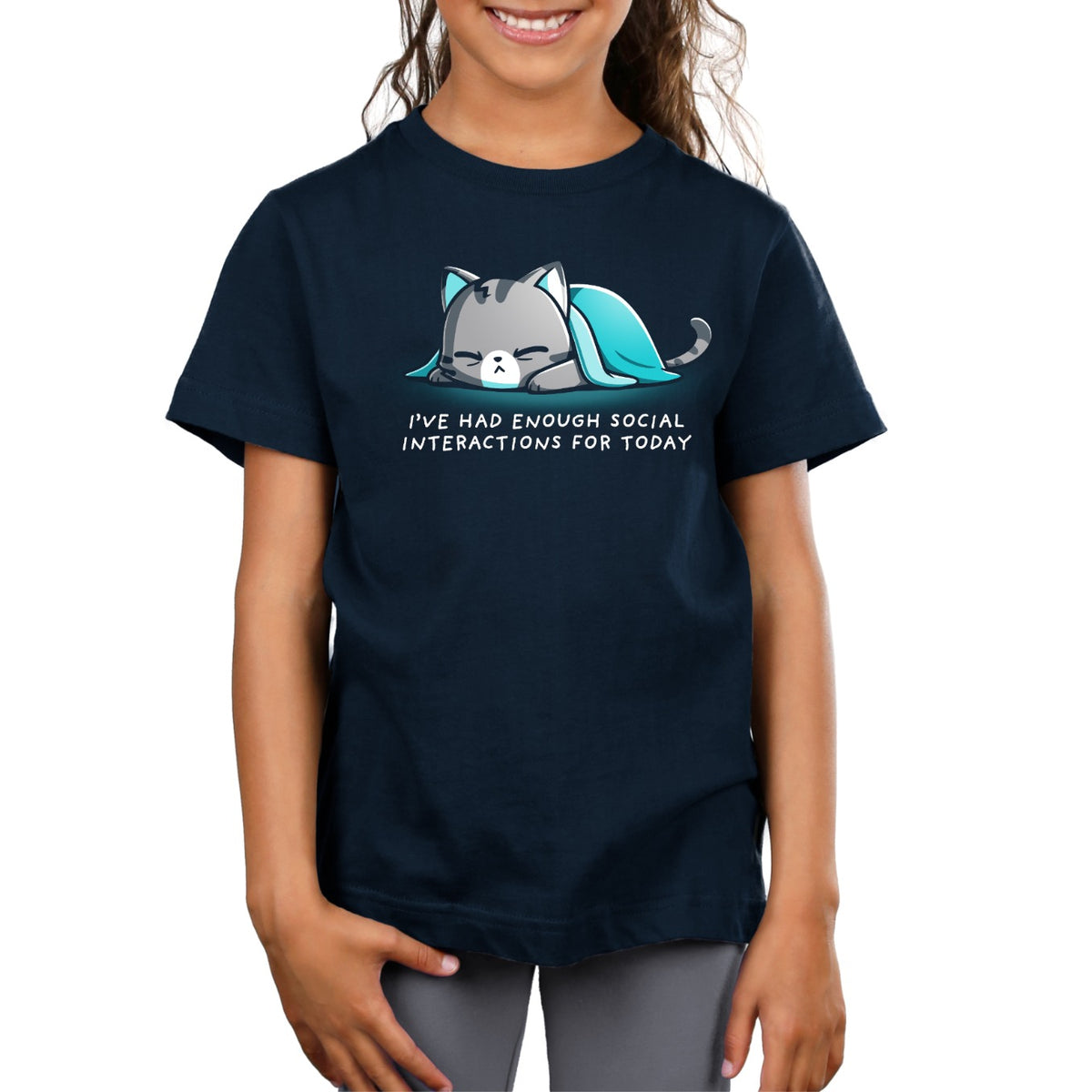 Kids' Classic T-Shirt_TeeTurtle navy Enough Social Interactions Kids' Classic T-Shirt featuring an exhausted gray tabby cat lying under a teal blanket with the text "I've Had Enough Social Interactions For Today."