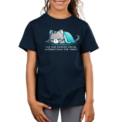 Kids' Classic T-Shirt_TeeTurtle navy Enough Social Interactions Kids' Classic T-Shirt featuring an exhausted gray tabby cat lying under a teal blanket with the text "I've Had Enough Social Interactions For Today."