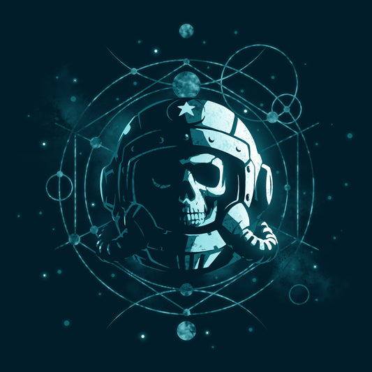 A TeeTurtle Eternal Explorer black T-shirt featuring a skull in a helmet with stars and planets around it.