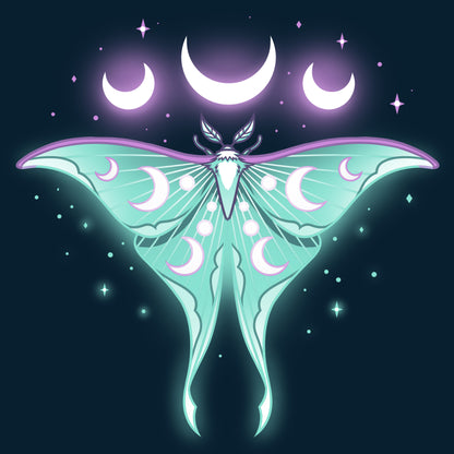 An Ethereal Moth TeeTurtle navy blue t-shirt featuring a luna moth with moons and crescents on its wings.