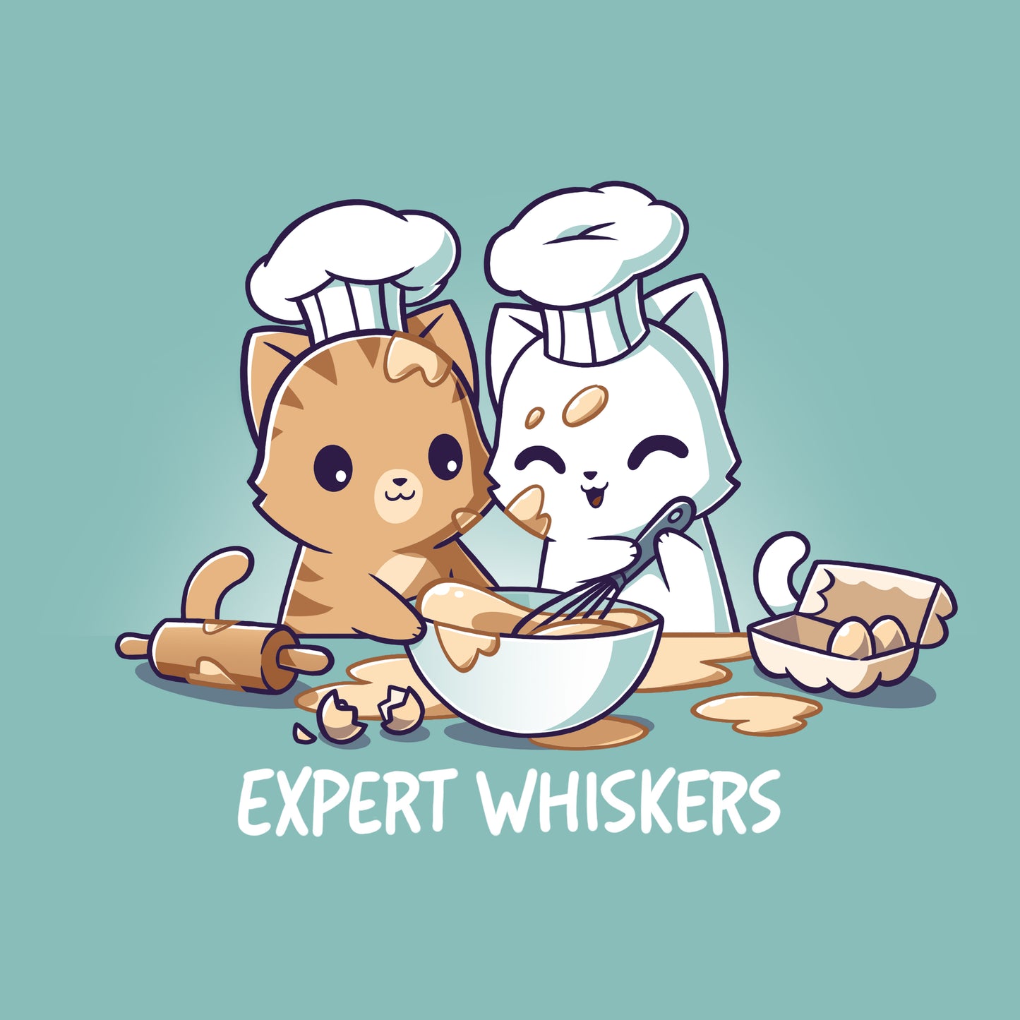 Expert Whiskers cartoon cats in chef hats making a cake on a TeeTurtle Ringspun Cotton T-shirt.