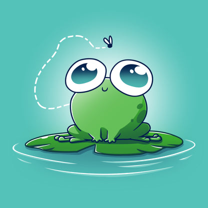 A cartoon frog with Eyes On the Prize tee sitting on a leaf made by TeeTurtle.