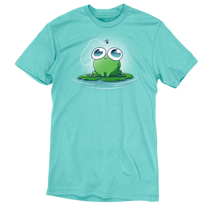 A green frog with blue Eyes On the Prize on a TeeTurtle Caribbean blue t-shirt.