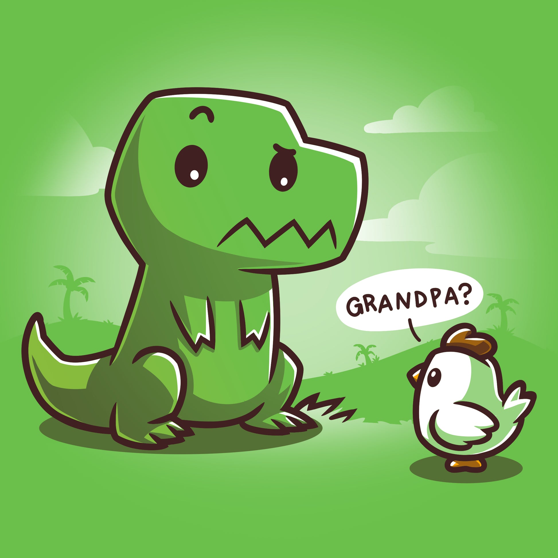 A TeeTurtle Family Reunion original featuring a T-Rex and a chicken wearing apple green t-shirts, while the word "grandpa" is mentioned.