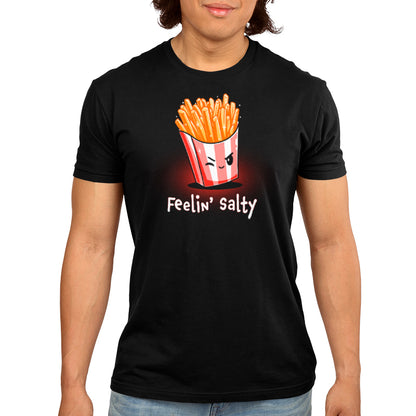 A man in a black t-shirt with the words "Feelin' Salty" wearing an extra packet of TeeTurtle salt.