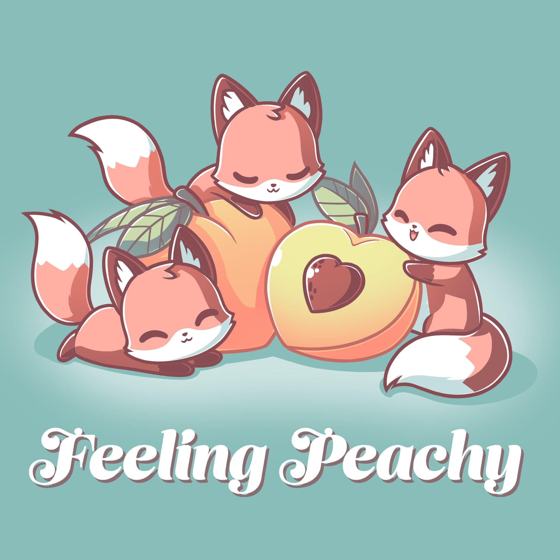 Two foxes with a peach and the words Feeling Peachy on a TeeTurtle saltwater colored T-shirt.