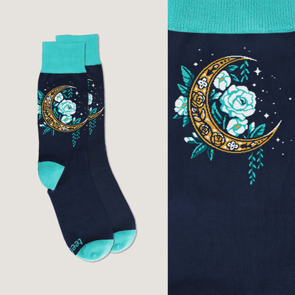Comfortable Floral Moon Socks with a moon and roses design by TeeTurtle.