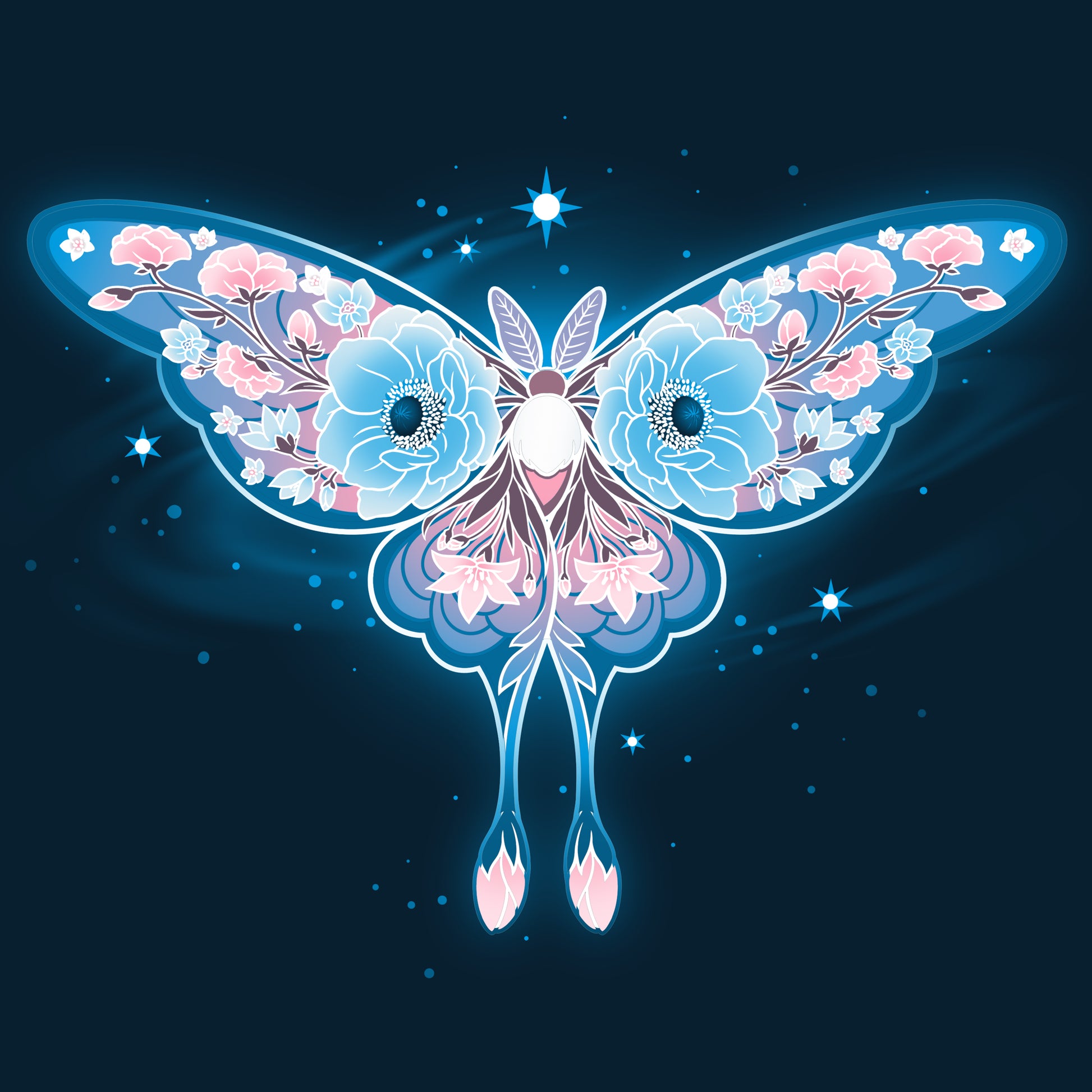 An image of a navy blue Floral Moth with TeeTurtle elements on it.