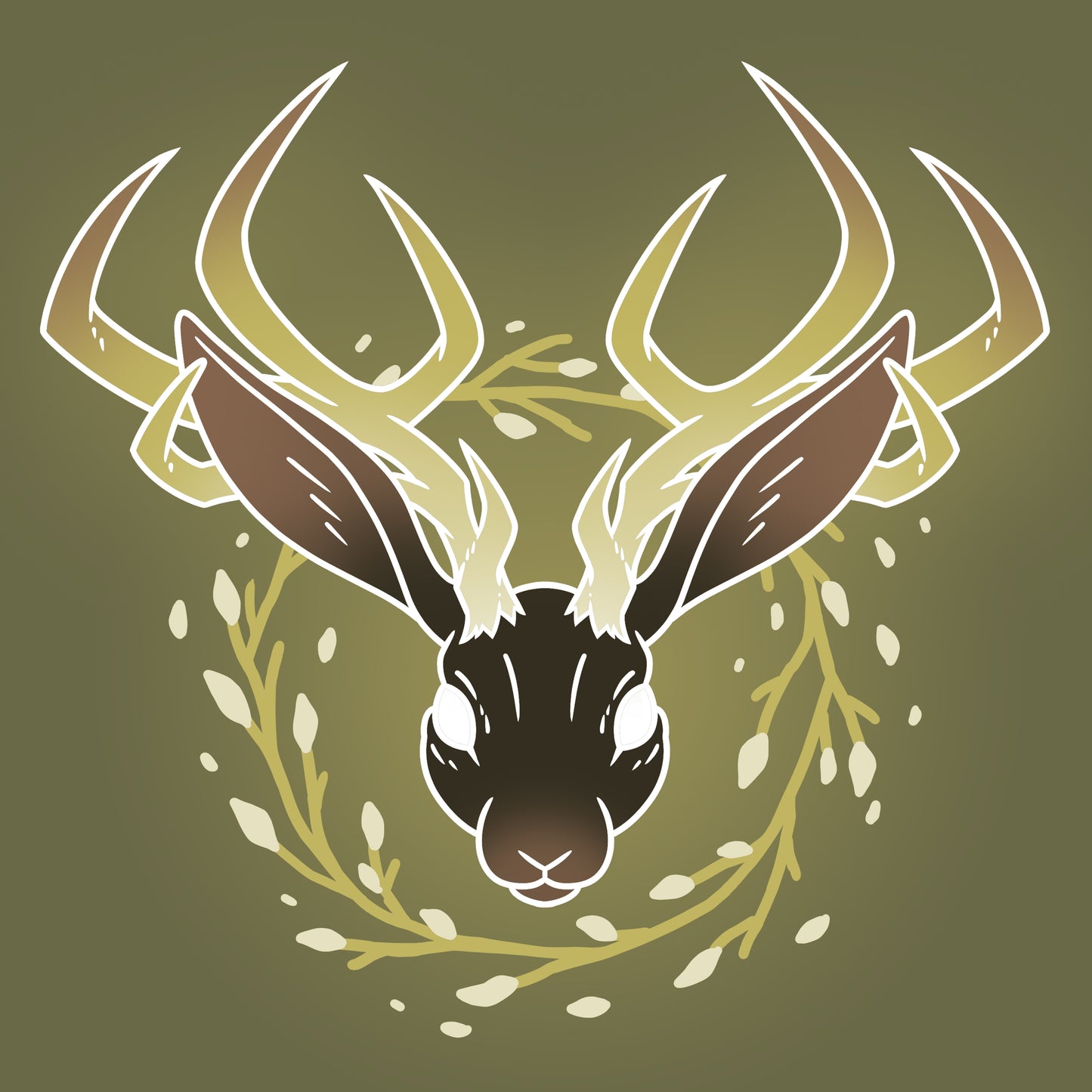 A Flourishing Jackalope with antlers adorned in a wreath against a green background, inspired by TeeTurtle designs.