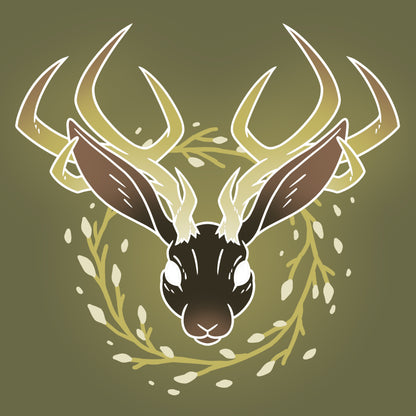 A Flourishing Jackalope with antlers adorned in a wreath against a green background, inspired by TeeTurtle designs.