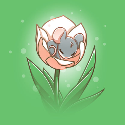 A Flower Bed mouse in a tulip on a green background. (Brand: TeeTurtle)