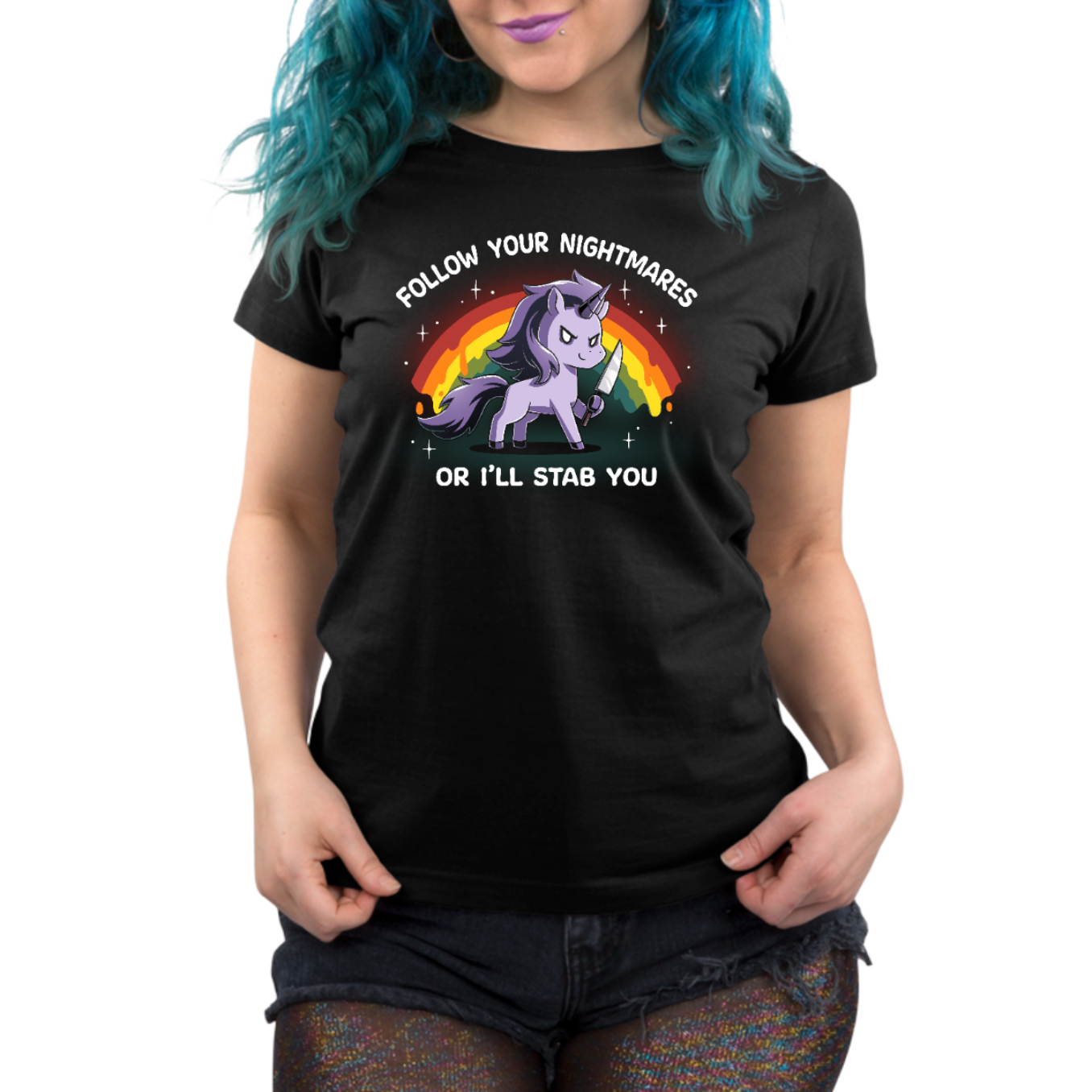Premium Cotton T-shirt_TeeTurtle black Follow Your Nightmares Premium Cotton T-shirt featuring a light purple unicorn holding a knife in front of a drippy rainbow. The unicorn is smirking. The text reads "Follow Your Nightmares Or I'll Stab You." 