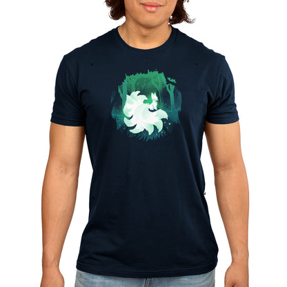 A man wearing a navy blue Forest Kitsune t-shirt with an image of a white unicorn in a forest. (Brand: TeeTurtle)