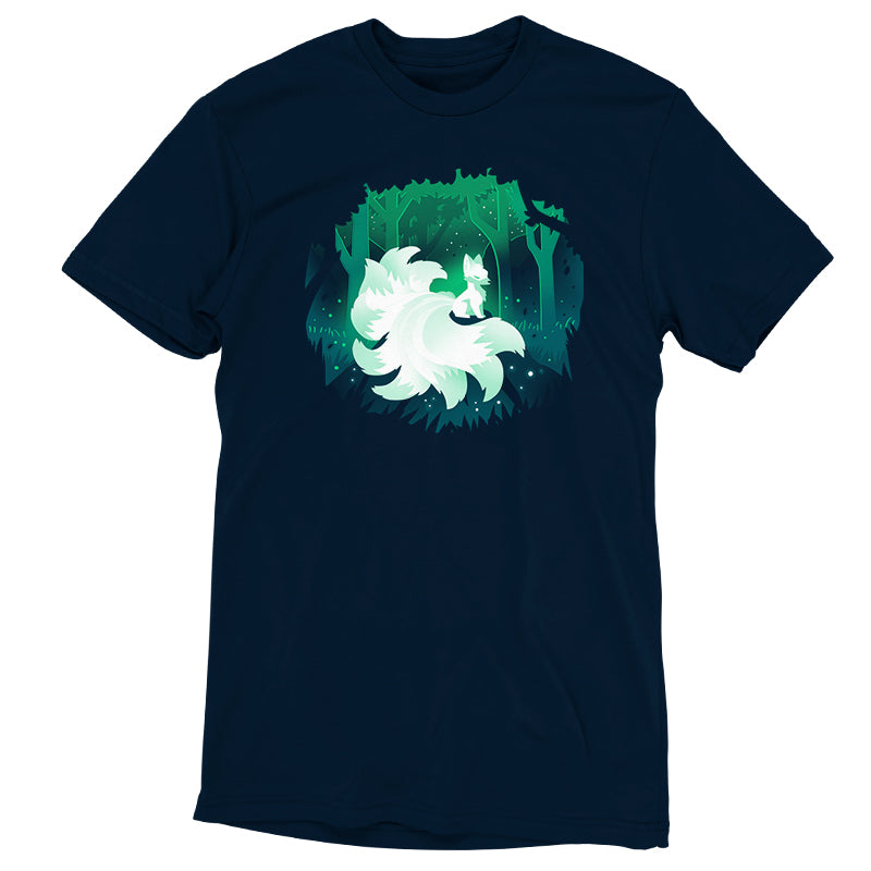 A navy blue Forest Kitsune t-shirt with an image of a white unicorn in the enchanted forest. (Brand Name: TeeTurtle)