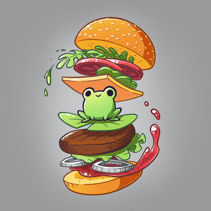 Premium Cotton T-shirt_TeeTurtle silver gray Frog Burger featuring a frog in the middle of a burger’s floating ingredients.