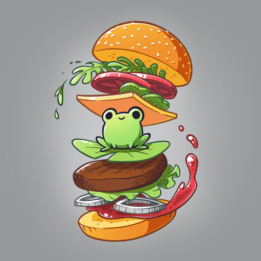 Premium Cotton T-shirt_TeeTurtle silver gray Frog Burger featuring a frog in the middle of a burger’s floating ingredients.