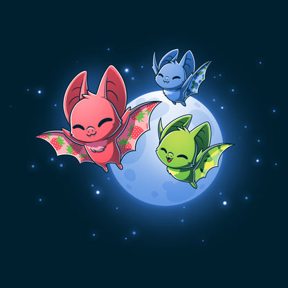 Three Fruit Bats flying in front of the moon on a TeeTurtle t-shirt.