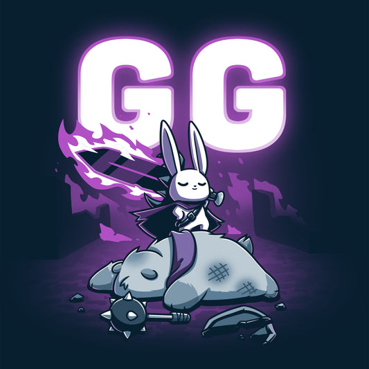 A top-notch Good Game bunny showcasing its skills while wearing a TeeTurtle t-shirt with the letter g on top of a rock.