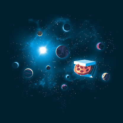 A Galactic Pizza t-shirt in space surrounded by planets. (Brand: TeeTurtle)