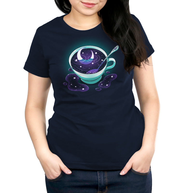 A Galactic Tea themed TeeTurtle navy blue t-shirt featuring an image of a cup of coffee.