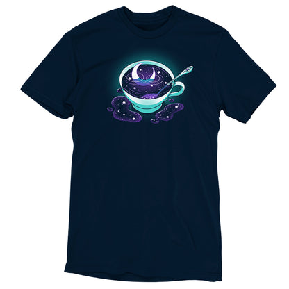 A women's Galactic Tea t-shirt featuring a cup of coffee with a moon and stars image, made with Ringspun Cotton from TeeTurtle.