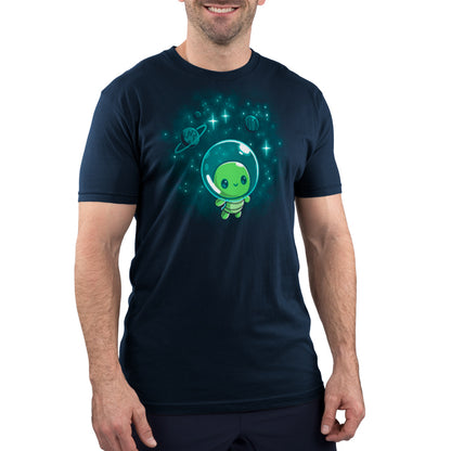 A man wearing a navy blue Galactic Turtle t-shirt with an alien in space. (Brand: TeeTurtle)