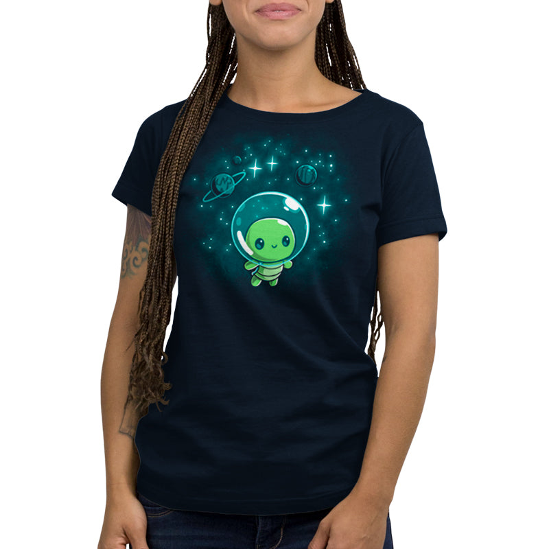 A navy blue women's t-shirt with a TeeTurtle Galactic Turtle in space.