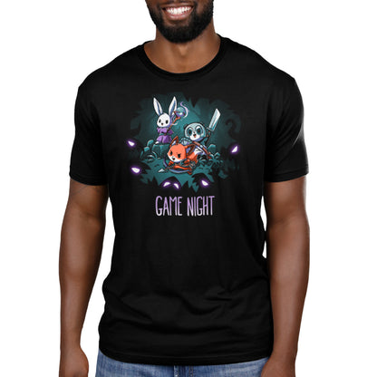 A fit man wearing a black "Ready for Game Night" t-shirt by TeeTurtle.
