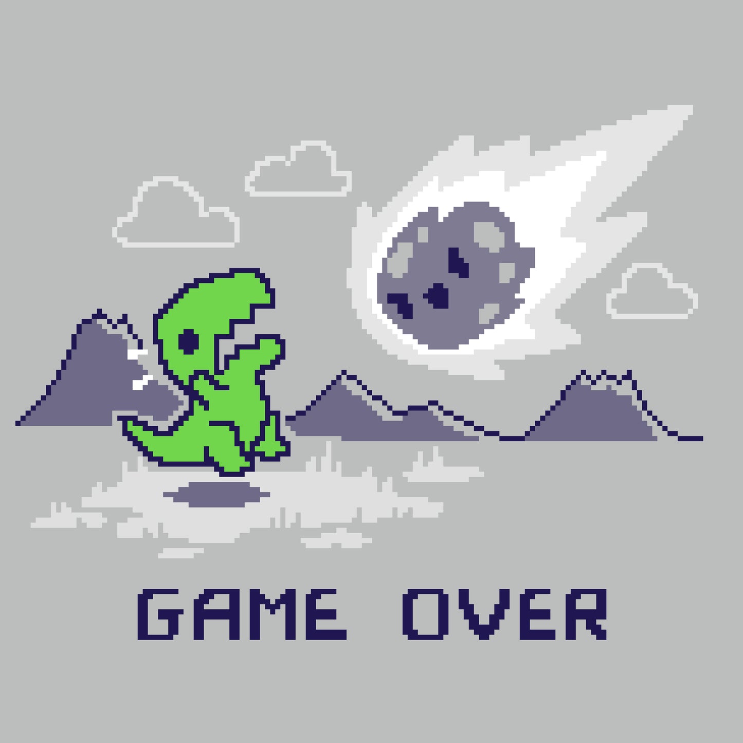 TeeTurtle Game Over, Dinosaur T-shirt featuring a pixelated dinosaur with the words Game Over.