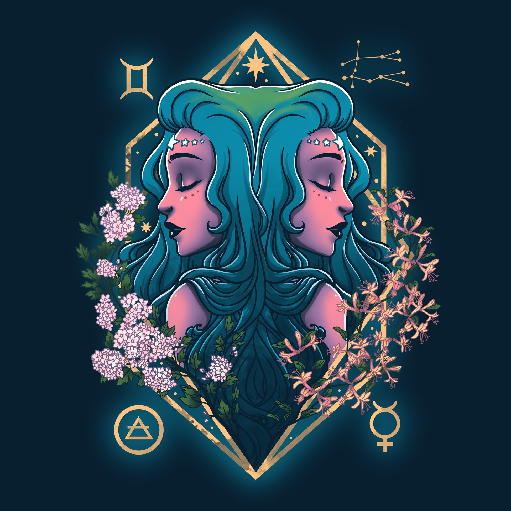 A TeeTurtle Gemini Zodiac T-shirt featuring a portrait of a woman with blue hair and flowers.