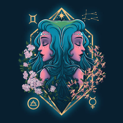 A TeeTurtle Gemini Zodiac T-shirt featuring a portrait of a woman with blue hair and flowers.