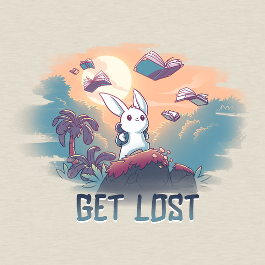 This Get Lost t-shirt by TeeTurtle features an adorable bunny illustration sitting proudly on a rock, with the words 