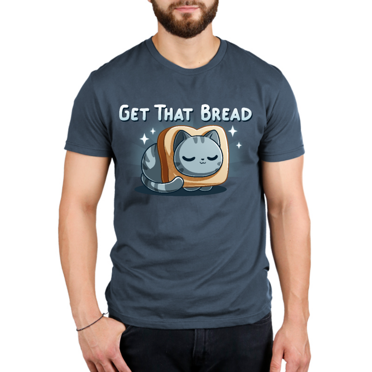 Men's Premium T-Shirt_TeeTurtle dark teal Get That Bread Men's Premium T-Shirt featuring a cozy gray tabby cat curled up inside a slice of toast with sparkles around it and the text "Get That Bread."