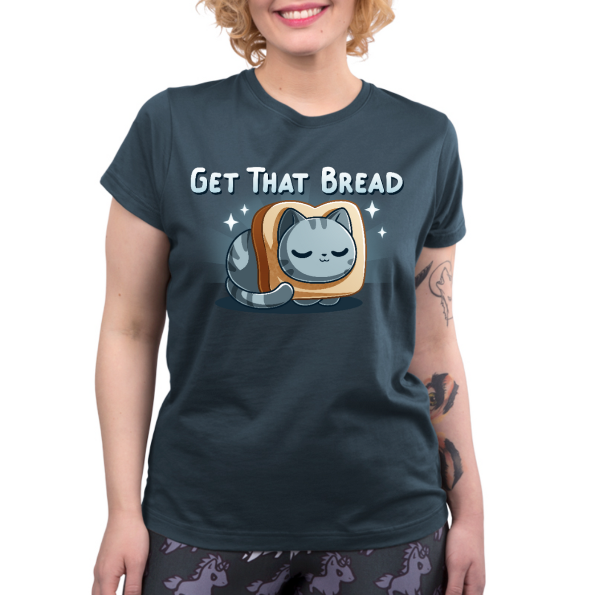 Women's Premium T-Shirt_TeeTurtle dark teal Get That Bread Women's Premium T-Shirt featuring a cozy gray tabby cat curled up inside a slice of toast with sparkles around it and the text "Get That Bread."